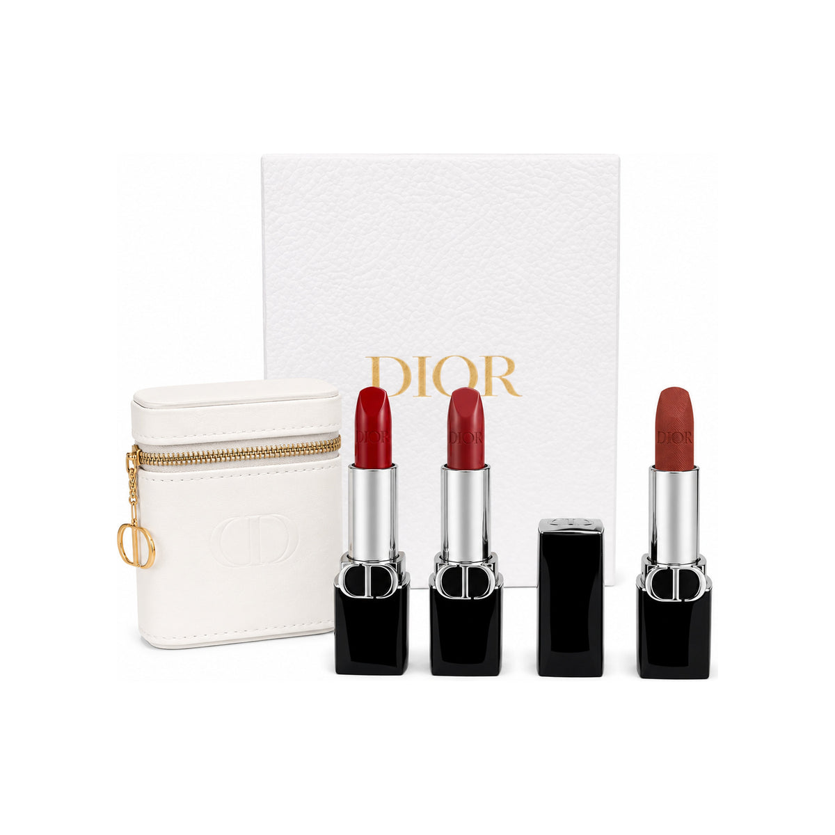 CHRISTIAN DIOR Set of 3 Mini Lipstick with Keychain Gold with White Leather Bag