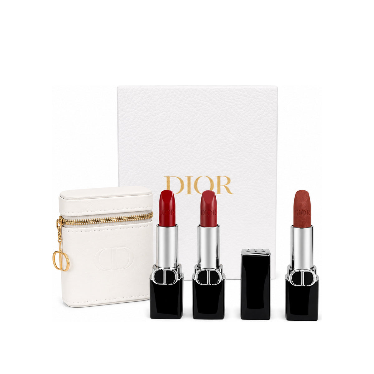 CHRISTIAN DIOR Set of 3 Mini Lipstick with Keychain Gold with White Leather Bag