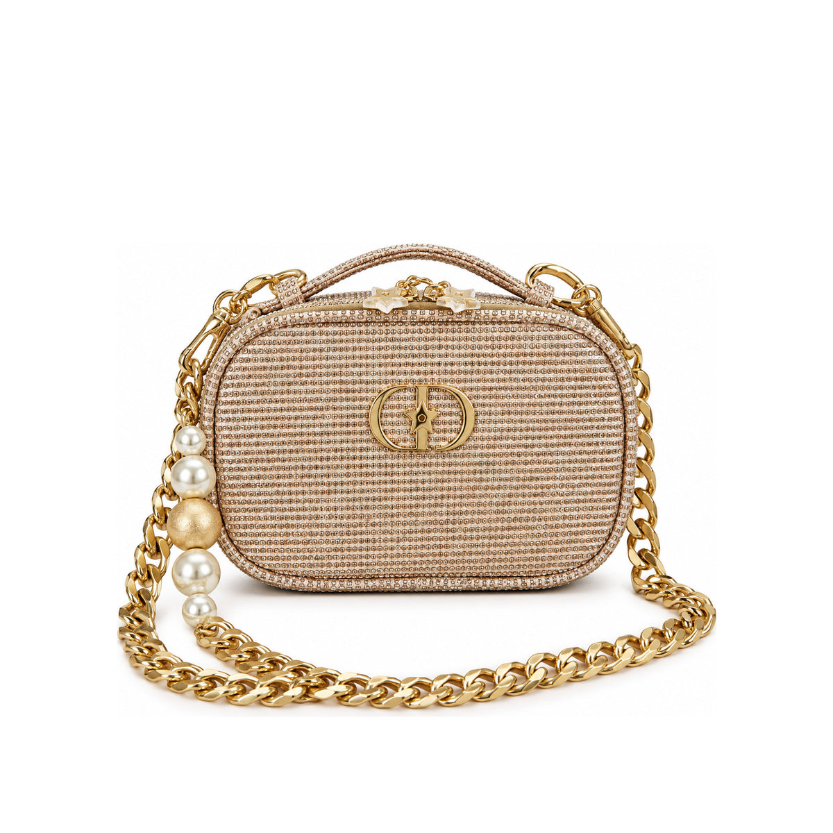 CHRISTIAN DIOR Limited Edition Beauty Bag with Gold and White Pearl Chain