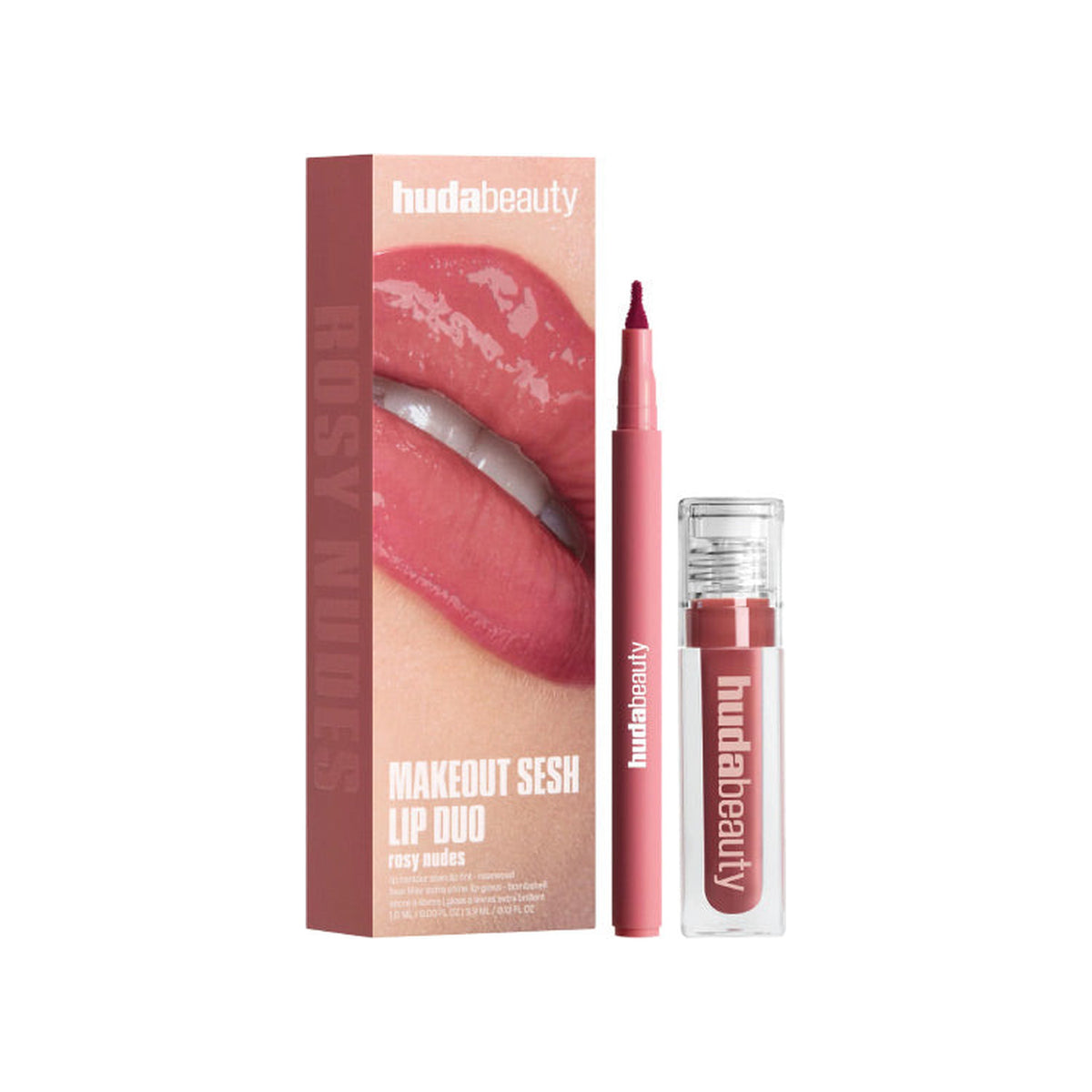 HUDA BEAUTY HUDA BEAUTY MAKEOUT SESH LIP DUO KIT (rosewood + bombshell lip gloss) rosy nude