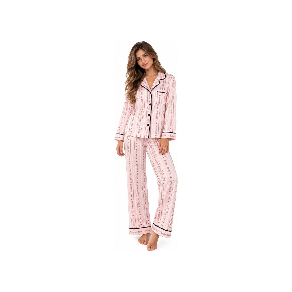VICTORIA SECRET VICTORIA SECRET LONG SATIN PAJAMA SET (BUTTERFLY LIGHT PINK)